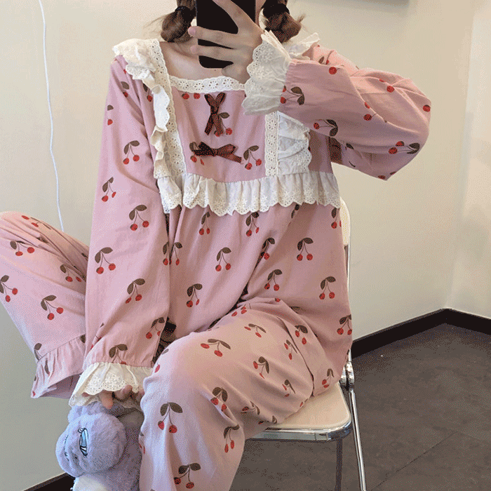 [인기]로미체리 레이스 파자마 잠옷 세트 (2color)
