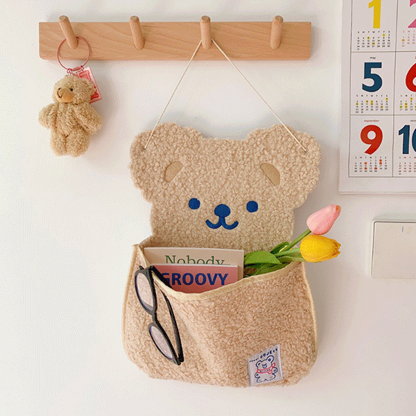 곰돌이 뽀글이 벽걸이 수납 인테리어소품 다꾸 방꾸 월포켓 주머니 3color