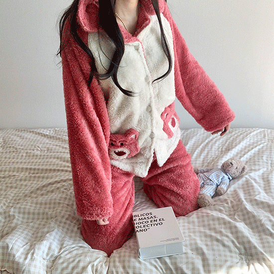 핑크곰 극세사 수면잠옷 상하세트 홈웨어 겨울 파자마
