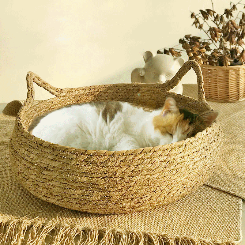 고양이귀 라탄 바구니 하우스 방석 강아지 고양이집 숨숨집 인테리어 펫하우스